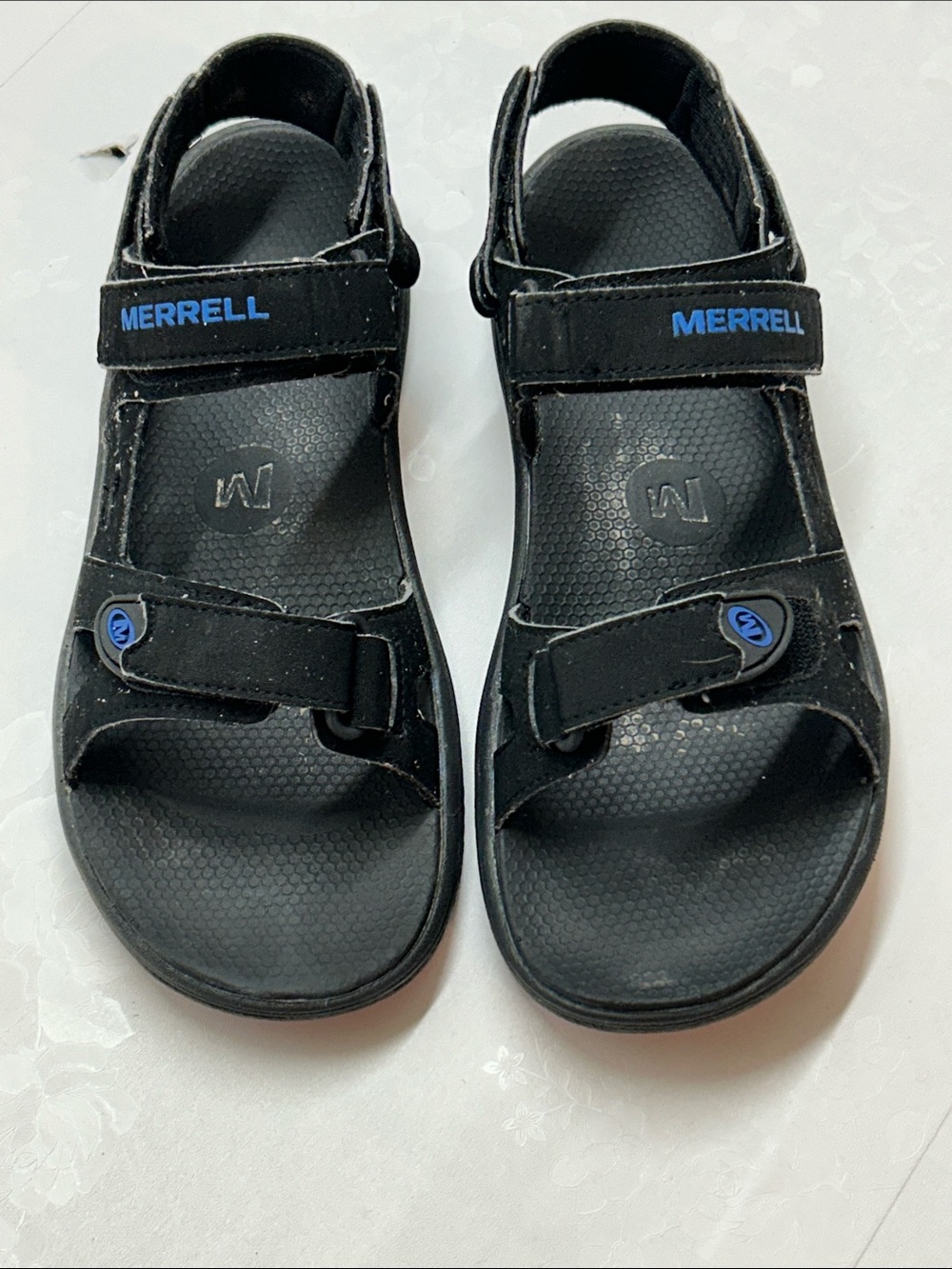 Merrell Black Sandals with Blue Logo Accents